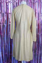 long sleeve knee length gold metallic shift dress vintage 1970's