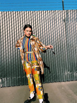 slinky shiny polyester printed pants in abstract print elastic waistband 1970's vintage women's