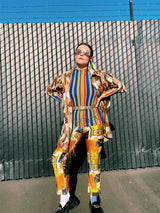 slinky shiny polyester printed pants in abstract print elastic waistband 1970's vintage women's