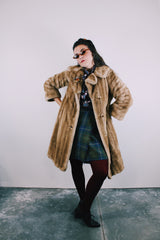 long sleeve tan faux fur three button closure double lapel coat vintage 1960's