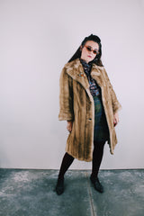 long sleeve tan faux fur three button closure double lapel coat vintage 1960's