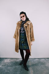 long sleeve tan faux fur three button closure double lapel coat vintage 1960's