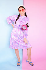 pastel purple and pink printed long sleeve midi length dress with mock neck and belt vintage 1980's