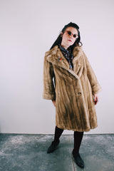 long sleeve tan faux fur three button closure double lapel coat vintage 1960's