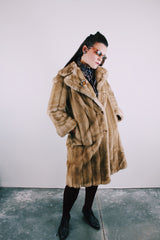 long sleeve tan faux fur three button closure double lapel coat vintage 1960's