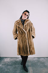 long sleeve tan faux fur three button closure double lapel coat vintage 1960's
