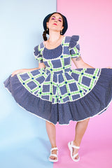 white, navy, and green 1950's western square dance dress puff sleeves knee length