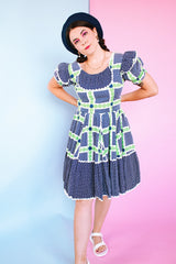 white, navy, and green 1950's western square dance dress puff sleeves knee length