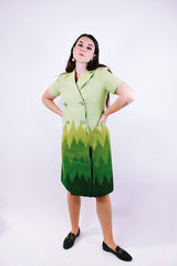 short sleeve knee length double breasted shirt dress in green ombre colors wool women's vintage 1970's