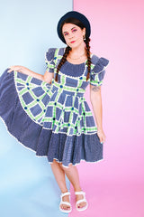 white, navy, and green 1950's western square dance dress puff sleeves knee length