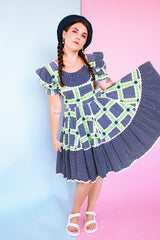 white, navy, and green 1950's western square dance dress puff sleeves knee length