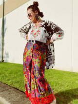 multi colored print maxi polyester skirt with buttons up the front vintage women's 1970's