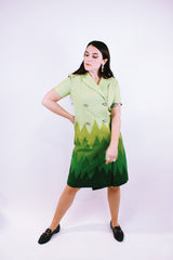 short sleeve knee length double breasted shirt dress in green ombre colors wool women's vintage 1970's