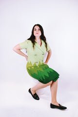 short sleeve knee length double breasted shirt dress in green ombre colors wool women's vintage 1970's