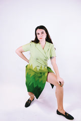 short sleeve knee length double breasted shirt dress in green ombre colors wool women's vintage 1970's
