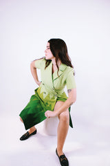short sleeve knee length double breasted shirt dress in green ombre colors wool women's vintage 1970's