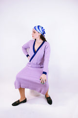vintage 1980's midi length long sleeve wool knit dress with deep v neck in purple with darker purple trim
