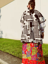 short sleeve cotton canvas mini dress cream with black abstract print buttons in the back and pockets in the front 1960's women's vintage