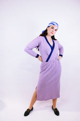 vintage 1980's midi length long sleeve wool knit dress with deep v neck in purple with darker purple trim