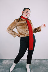 long sleeve tan faux fur cropped jacket buttons up the front vintage 1960's