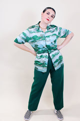 Women's or men's vintage 1970's Innovation by National Shirt Shops short sleeve button up shirt with collar in all over green and blue print in slinky polyester material.