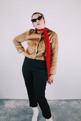 long sleeve tan faux fur cropped jacket buttons up the front vintage 1960's