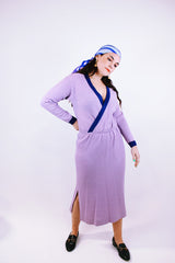 vintage 1980's midi length long sleeve wool knit dress with deep v neck in purple with darker purple trim