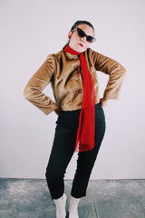 long sleeve tan faux fur cropped jacket buttons up the front vintage 1960's