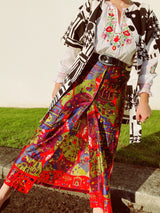 multi colored print maxi polyester skirt with buttons up the front vintage women's 1970's