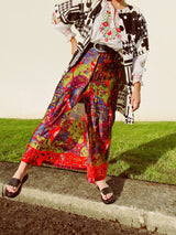 multi colored print maxi polyester skirt with buttons up the front vintage women's 1970's