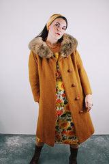 long sleeve wool long coat with fur trim collar in burnt orange vintage women's 1950's