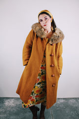 long sleeve wool long coat with fur trim collar in burnt orange vintage women's 1950's