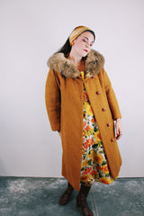 long sleeve wool long coat with fur trim collar in burnt orange vintage women's 1950's