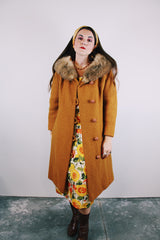 long sleeve wool long coat with fur trim collar in burnt orange vintage women's 1950's