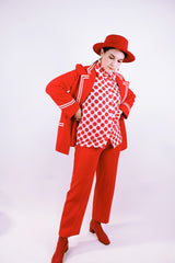 long sleeve button up blouse with collar in white with red polka dots women's vintage 1970's polyester