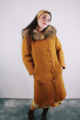 long sleeve wool long coat with fur trim collar in burnt orange vintage women's 1950's