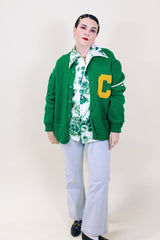 Men's or women's vintage 1980's Skookum Letterman label long sleeve bright green button up cardigan in wool material.