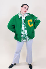 Men's or women's vintage 1980's Skookum Letterman label long sleeve bright green button up cardigan in wool material.