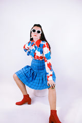 long sleeve button up shirt blouse vintage 1980's white with red and blue abstract print