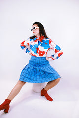 long sleeve button up shirt blouse vintage 1980's white with red and blue abstract print