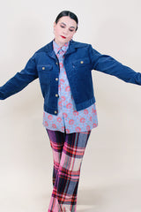 Women's or men's vintage 1970's Levi's Panatela Sportswear label short length long sleeve navy blue corduroy jacket with dagger collar, two chest pockets, and tortoise buttons.