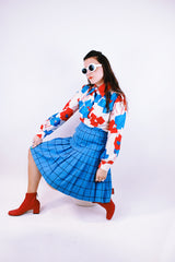 long sleeve button up shirt blouse vintage 1980's white with red and blue abstract print