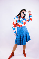 knee length pendleton wool plaid skirt in blue with black plaid stripes vintage women's