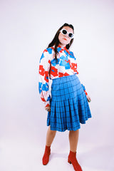 knee length pendleton wool plaid skirt in blue with black plaid stripes vintage women's