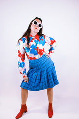 knee length pendleton wool plaid skirt in blue with black plaid stripes vintage women's