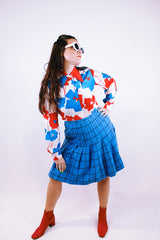 knee length pendleton wool plaid skirt in blue with black plaid stripes vintage women's