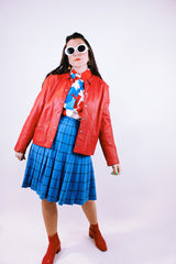 long sleeve red leather jacket with popper buttons and peter pan collar vintage 1970's