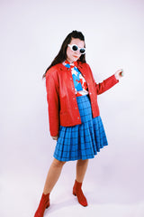 long sleeve red leather jacket with popper buttons and peter pan collar vintage 1970's