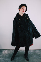 black faux fur poncho with gold buttons vintage 1960's