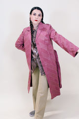 Women's vintage 1970's long sleeve long length mauve pink colored leather and suede lightweight button up jacket.